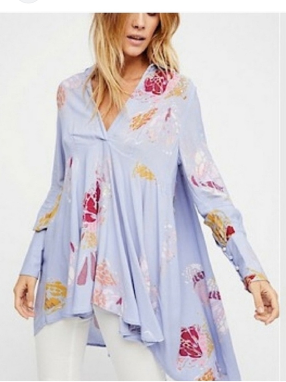 Free People Pastel Lavender Floral V-Neck Swing Tunic